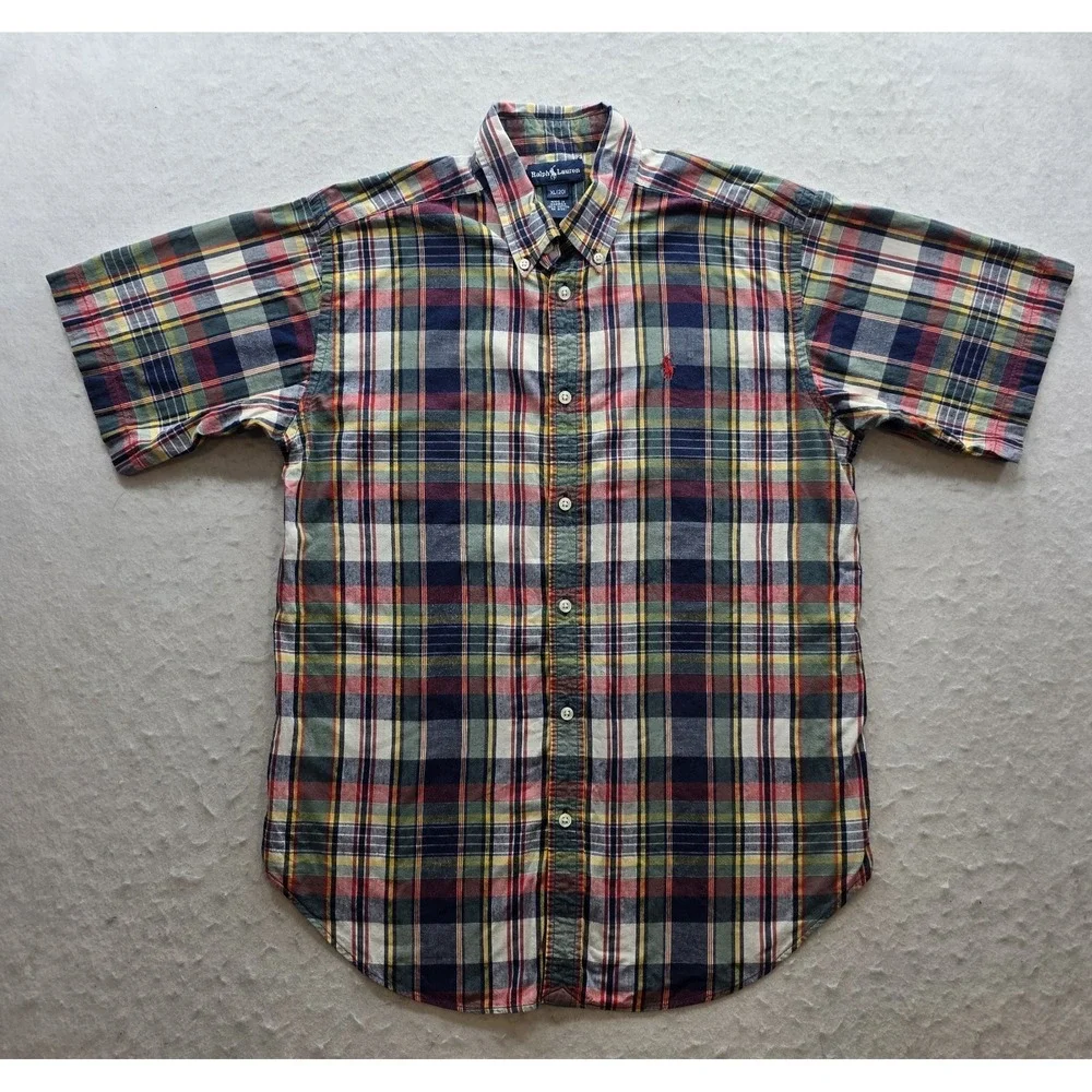 Ralph Lauren Vintage Boy's Multicolored w Red Pony Plaid Button Up Shirt. Sze XL